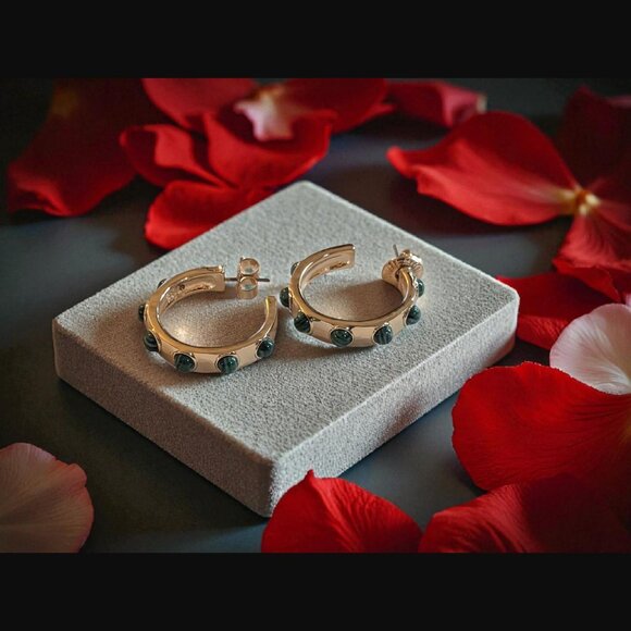 Robert Lee Morris Soho Gold Tone Faux Malachite 30mm Open C Stud Earrings - Picture 9 of 13